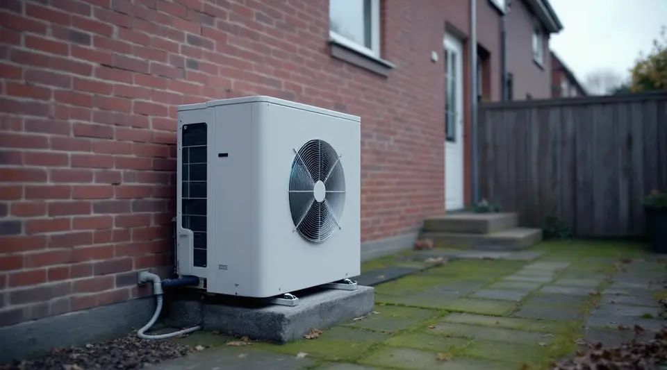 Een witte buitenunit van een warmtepomp tegen de bakstenen achtergevel van een rijtjeshuis
