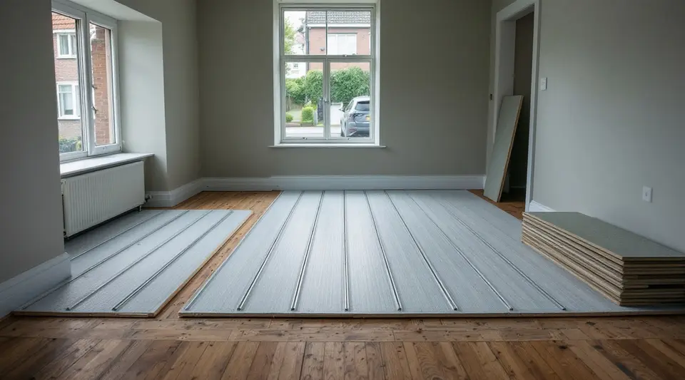 Een woonkamer op de begane grond in verbouwing: droge isolatieplaten met groeven en aluminium warmteplaten op de oude houten vloer, met een stapel gipsvezelplaten