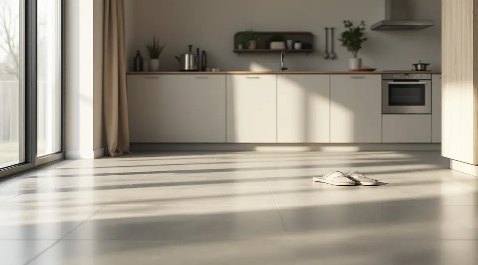 Een zonnige open keuken met grote lichte tegels op de vloer en een paar sloffen op de tegels