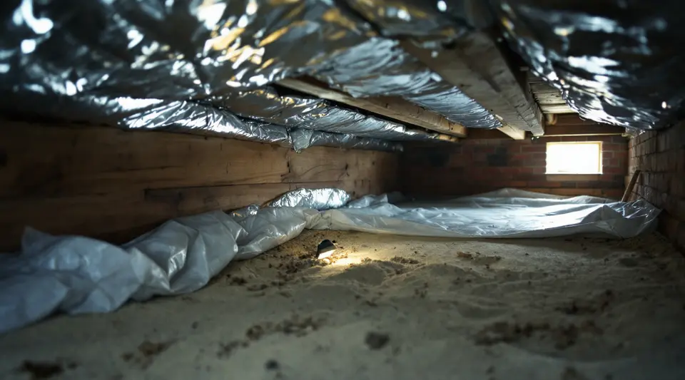 Een kruipruimte onder een woning, met zilverkleurige isolatiekussens tegen de onderkant van de houten vloer